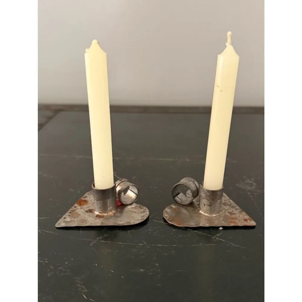 Vintage 2 Mini Crimped Heart Candle Holder Tin Decor Chamberstick Primitive